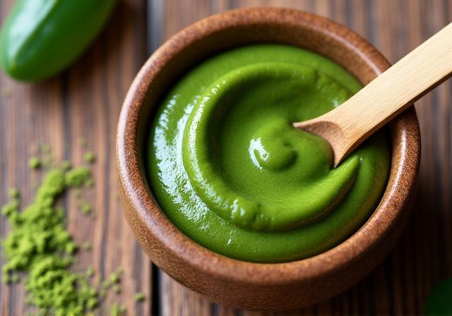 Vibrant green AuraBloom Matcha Detox Mask in a small wooden bowl with a bamboo spoon